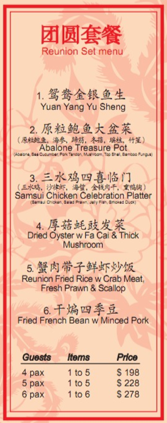 Chinese Reunion Dinner Menu