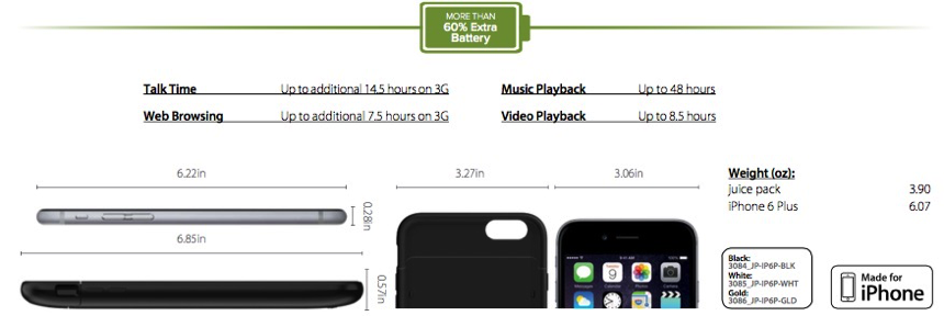 Mophie Juice Pack for iPhone 6P - specifications