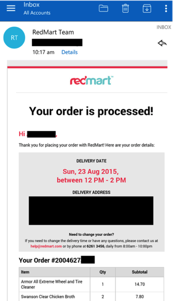 Redmart - Order confirmation email