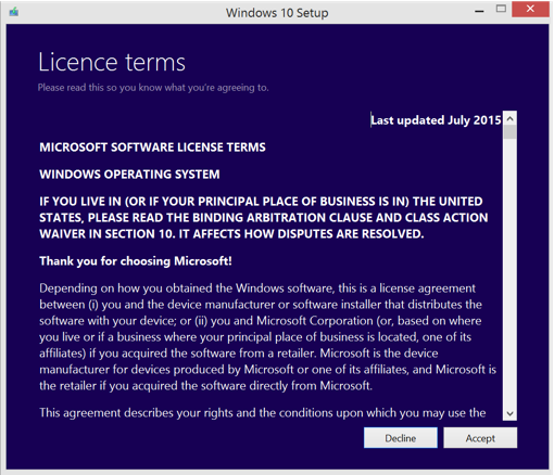 Upgrade to WIndows 10 - License Terms