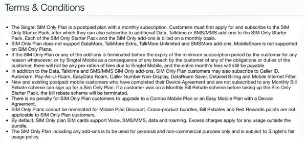 SingTel SIM only plan - terms and conditions