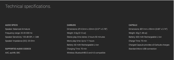 Earin - Technical Specifications