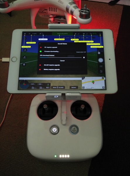 Phantom 3 Advanced - DJI GO app console - main dashboard - attached to RC
