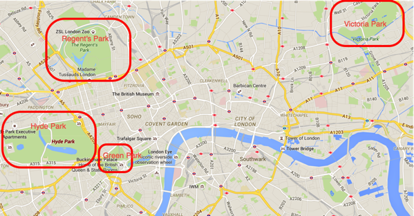 Major parks in Central London - map