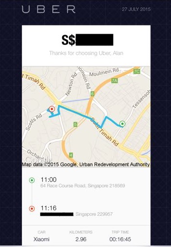 Buy Mi Note using Uber - Transaction record