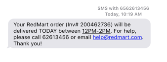 Redmart - Delivery SMS reminder