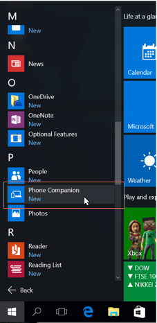 Windows 10 New Features - Phone Companion at Menu