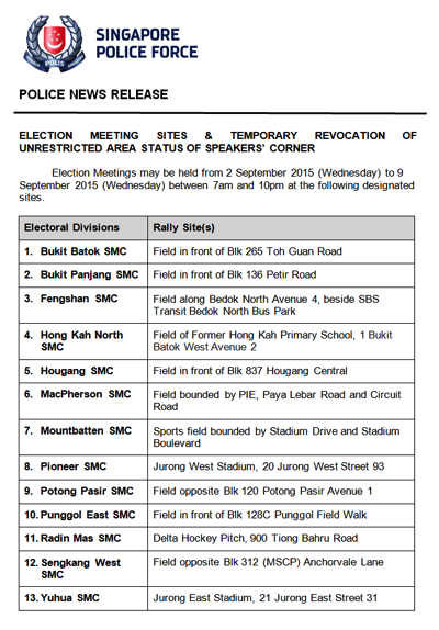 Singapore Elections 2015 - Rally Sites